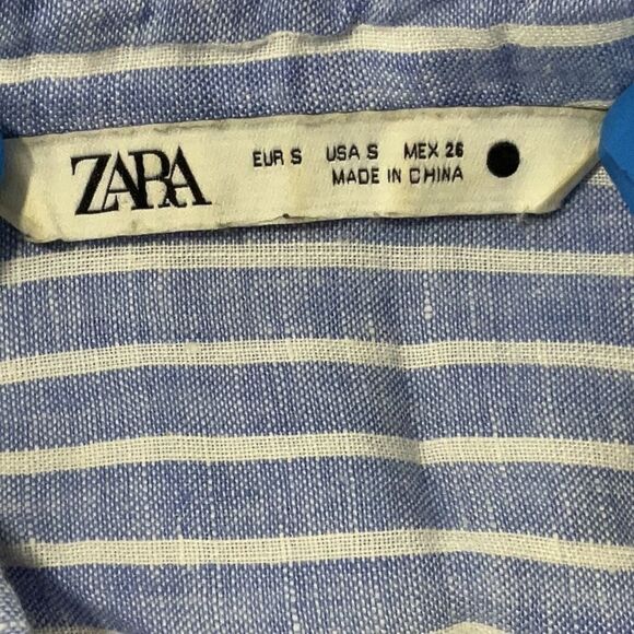 Zara 100% Linen Light Blue and White Striped Long Shirt Dress Size Small - Picture 5 of 6